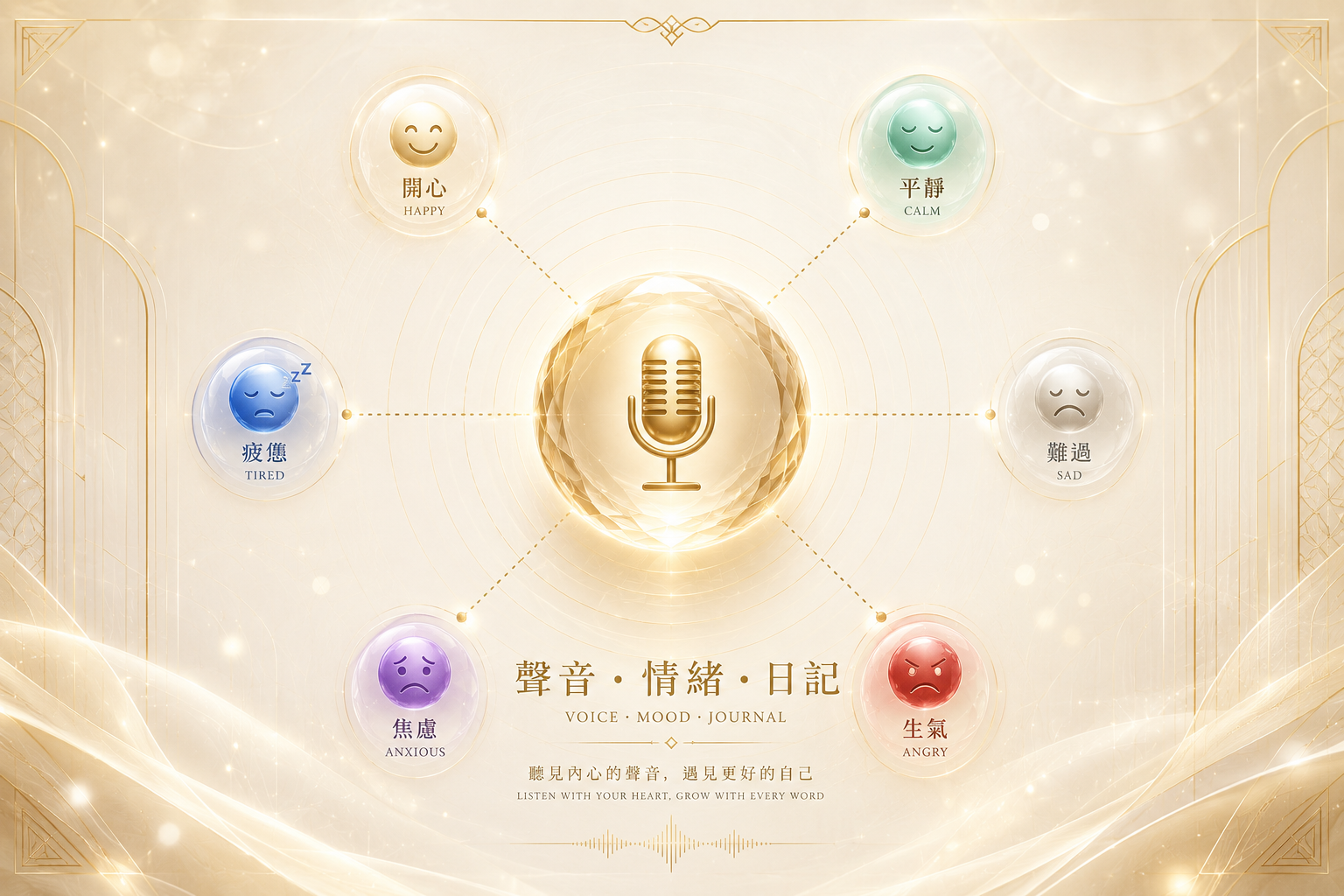 聲音．情緒．日記：水晶球麥克風連結開心、平靜、疲憊、難過、焦慮、生氣六種情緒光點